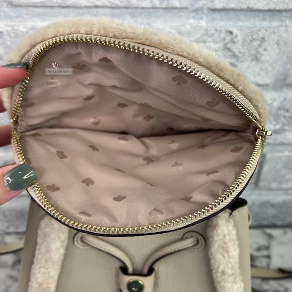 Kate Spade Leila Medium Flap Backpack Faux Shearling In Light Sand - Picture 8 of 11